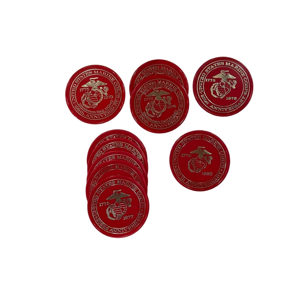 Lot of‎ 10 USMC Anniversary Plastic Red Coasters, Marines 3 1/2"